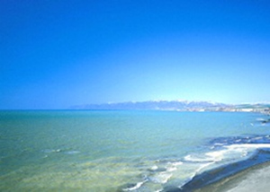 雲一つない青空と、おだやかな青い海。波打ち際に白い砂浜が少し見えます